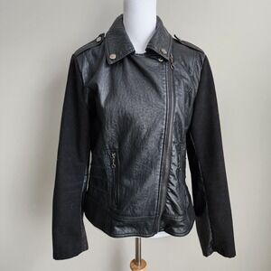 Dollhouse Biker Jacket‎ Women L Black Faux Leather Wool Blend Sleeves Moto Y2K